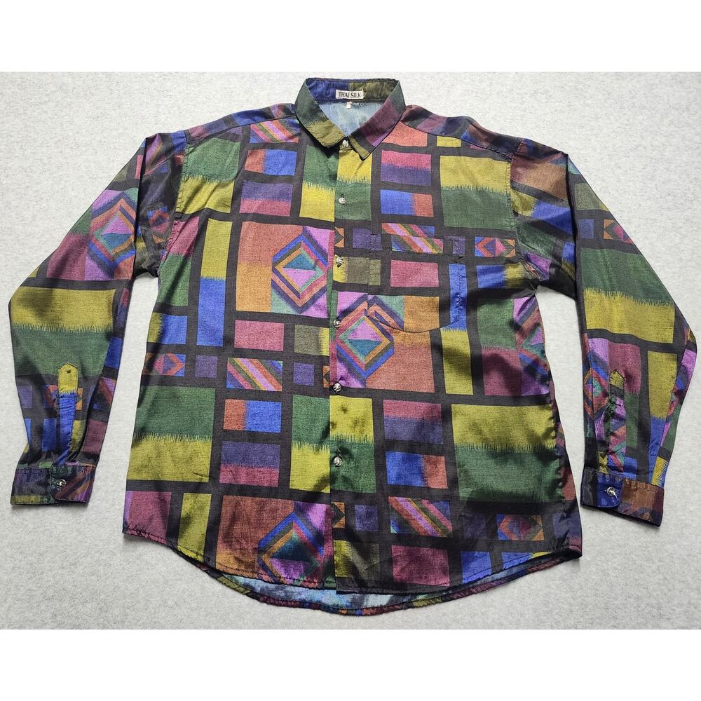 Vtg Thai Silk Jim Thompson Geometric Abstract Button Up Shirt Men’s L Artwear